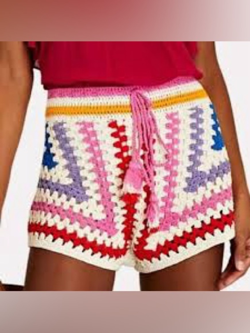 FARM Rio Rainbow Crochet Squares High-Waist Tie Shorts Sz-L